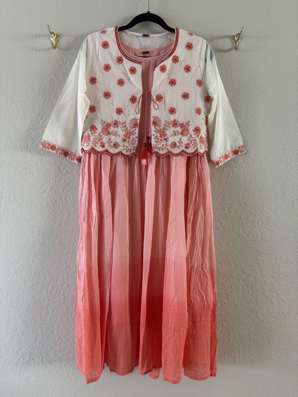 India Floral Embroidered Shrug With Salmon Ombre Cotton Dress Size M Tiny Spots